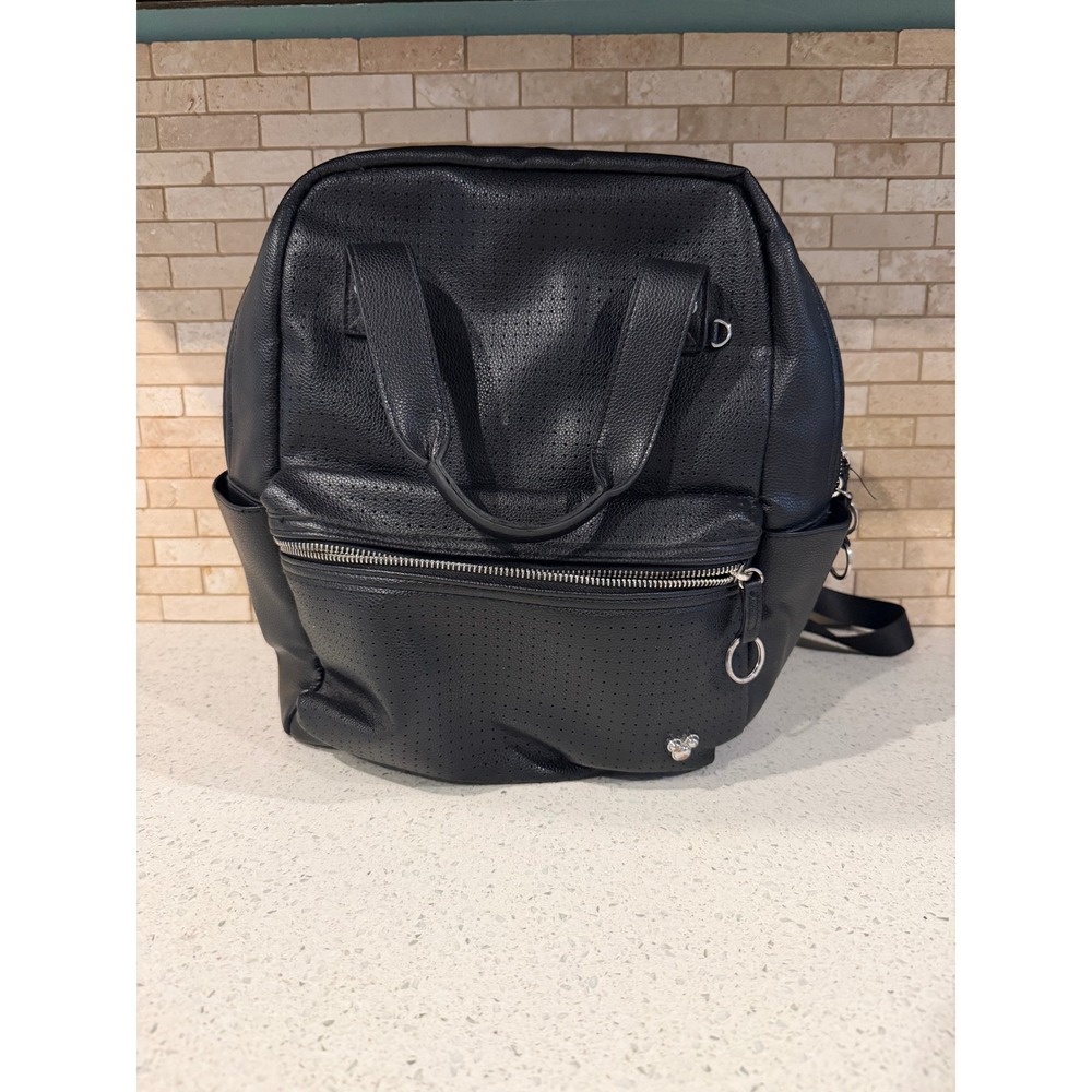 NEW Disney Parks Mickey Icon Black Faux Leather Backpack Travel Bag